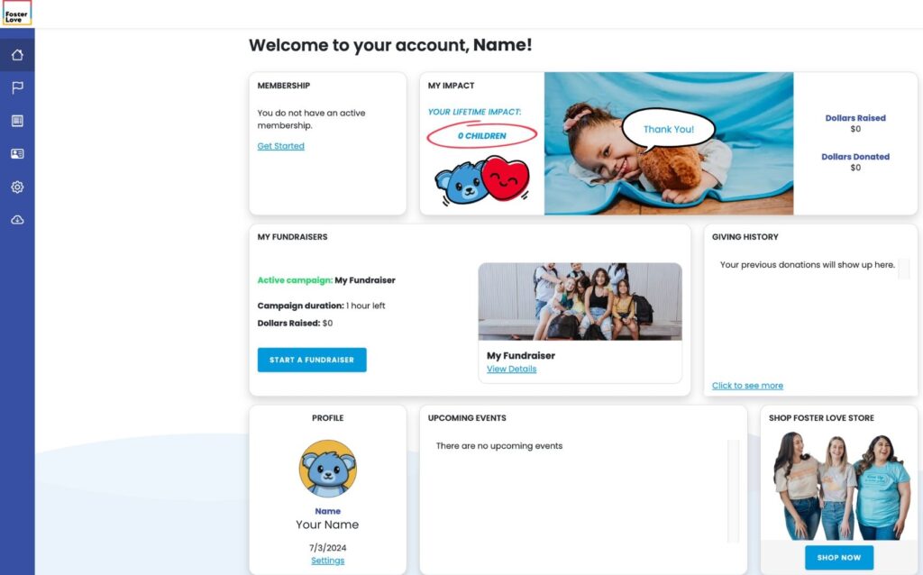 Foster Love fundraiser steps dashboard
