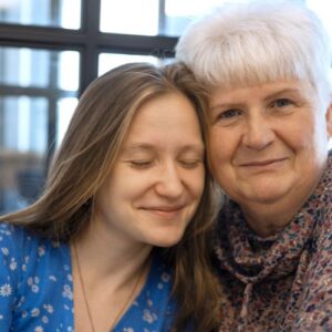 Middle aged woman posing next to her foster daughter