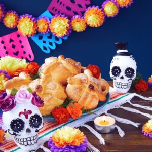 Pan de muerto and other decor for dia de los muertos