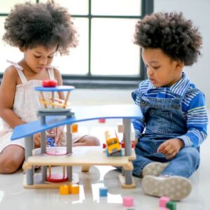 Two toddlers playing with a toy set