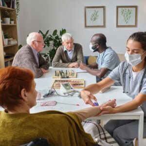 Nurses and elderly in assisted living facility