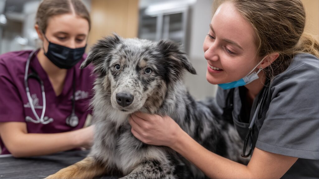 Veterinary Technology scholar comfort a blue merle australian shepherd during an examination while wearing protective face masks
