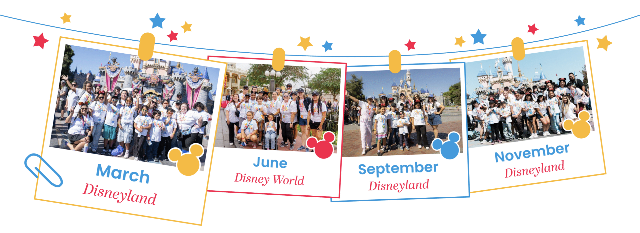 A string of polaroids featuring Disney Days volunteers with children at Disneyland and Disney World