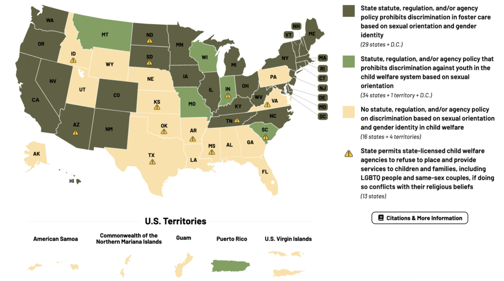 MAPS data for LGBTQ youth in foster care and relevant laws in the U.S.
